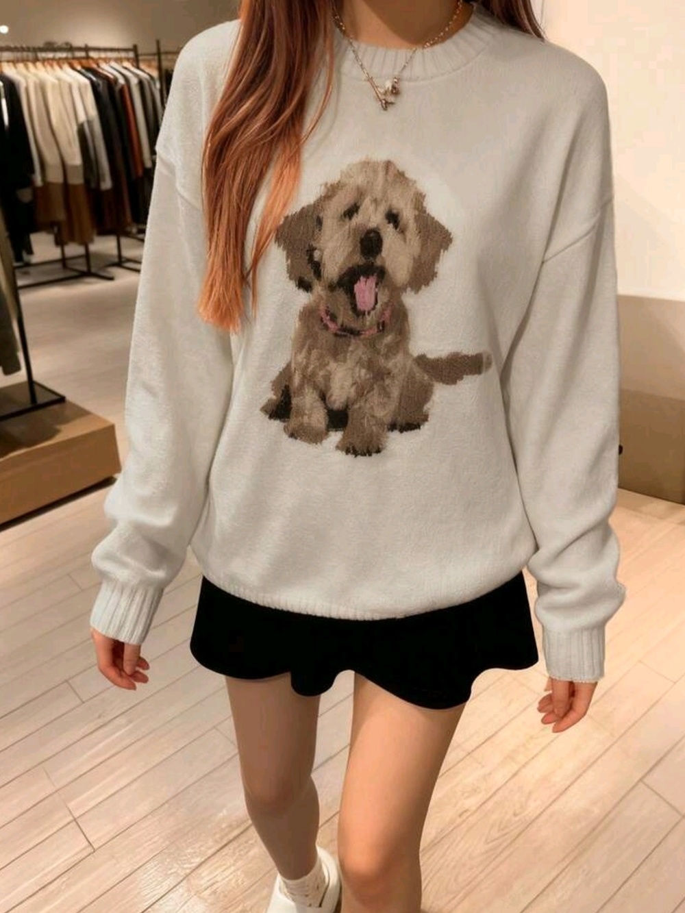 Cream Sweater with Brown Puppy Motif - Picture 3 of 5